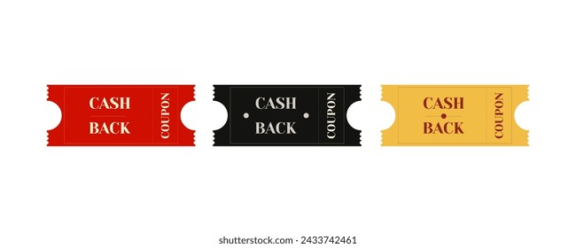 Set of money back coupons. Black, red, yellow discount coupon. Bargain shopping concept with promotional offer and bonus. Vector eps 10.