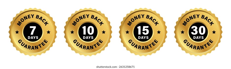 Logo de garantía de devolución de dinero en color dorado Vector insignias colección con 7, 10, 15 y 30 días de política de devolución. Etiqueta, etiqueta engomada, sello, etiqueta, signo logotipo de Vector.