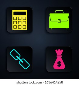 Set Money bag, Calculator, Chain link and Briefcase. Black square button. Vector