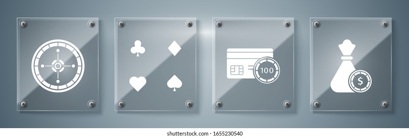 Set Money bag and casino chips, Credit card, Playing cards and Casino roulette wheel. Square glass panels. Vector