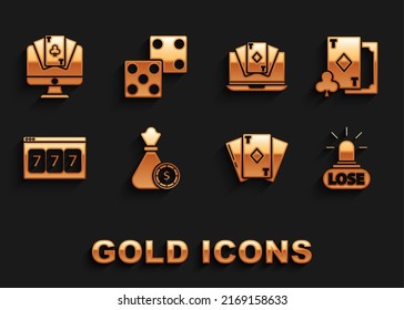 Set Money bag and casino chips, Playing card with diamonds, Casino losing, Online slot machine lucky sevens jackpot, poker table game,  and Game dice icon. Vector