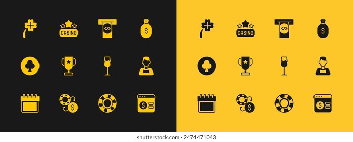 Set Money bag, Casino chips exchange, Wine glass, poker trophy cup, Automated teller machine and money, slot with clover and signboard icon. Vector