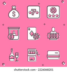 Set Money bag, Casino slot machine, Online poker table game, chips exchange, and playing cards, Winner holding prize ticket, Champagne bottle with glass and Slot icon. Vector