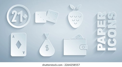 Set Money bag, Casino slot machine with strawberry, Playing card diamonds, Wallet money, Game dice and 21 plus icon. Vector