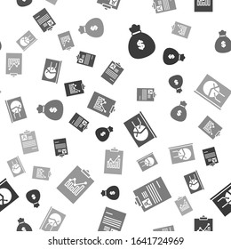 Set Money bag, Clipboard with resume, Board with graph chart and Clipboard with graph chart on seamless pattern. Vector