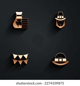 Set Money bag with clover, Leprechaun, Carnival garland flags and hat icon with long shadow. Vector