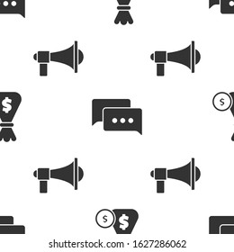 Set Money bag and coin, Speech bubble chat and Megaphone on seamless pattern. Vector