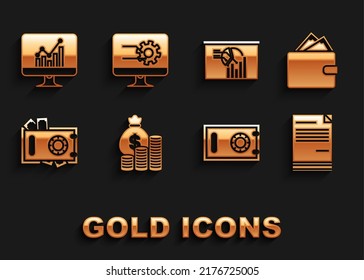 Set Money bag and coin, Wallet with stacks paper money cash, Document, Safe, Board graph chart, Computer monitor and  icon. Vector