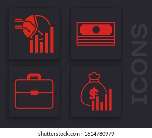 Set Money bag and diagram graph, Pie chart infographic, Stacks paper money cash and Briefcase icon. Vector