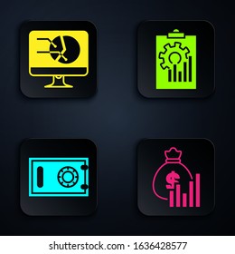 Set Money bag and diagram graph, Computer monitor with graph chart, Safe and Clipboard with graph chart. Black square button. Vector