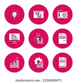 Set Money bag and diagram graph, Pie chart infographic, Document, coin, Computer monitor with resume, Safe money and Light bulb rays shine concept of idea icon. Vector