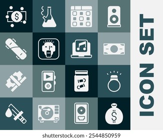 Set Geldtasche, Diamantring, Stapel Papiergeld Bargeld, Drum Machine Musik, Rapper, Skateboard, und Laptop mit Symbol. Vektorgrafik