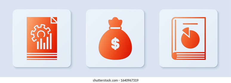 Set Money bag, Document with graph chart and User manual. White square button. Vector