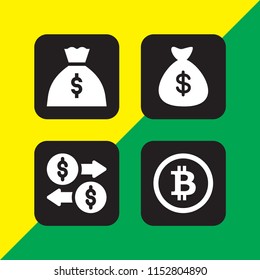 set with money bag with dollar symbol, cash, money and bitcoin vector icons for web and mobile app