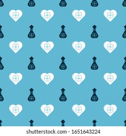 Set Money bag with four leaf clover and Heart with four leaf clover on seamless pattern. Vector