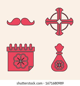 Set Money bag with four leaf clover, Mustache, Celtic cross and Saint Patricks day with calendar icon. Vector