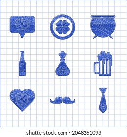 Set Money bag with four leaf clover, Mustache, Tie, Wooden beer mug, Heart, Beer bottle, Witch cauldron and Four in speech bubble icon. Vector