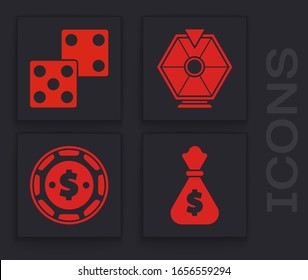 Set Money bag, Game dice, Lucky wheel and Casino chip with dollar icon. Vector