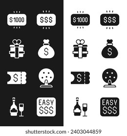 Set Money bag, Gift box, prize in casino, Lottery ticket, machine,  and Champagne bottle with glass icon. Vector