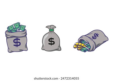 Set of Money bag, green cash, dollar coins and banknotes in vector illustration.
