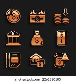 Set Money bag, Hanging sign with Sale, Drop crude oil price, Mobile stock trading, Contract money and pen, Bank building, Dollar rate decrease and  icon. Vector