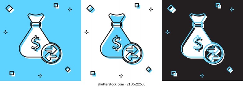 Set Money bag icon isolated on blue and white, black background. Dollar or USD symbol. Cash Banking currency sign. Vector