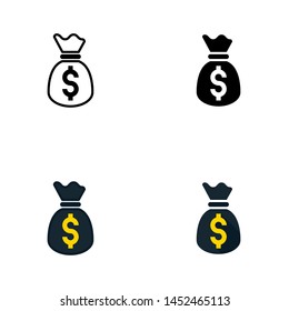 Set of money bag icon. Vector illustration of money bag outline, solid, colorline and flat icon design for web.
