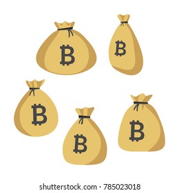 Set of money bag icons with bitcoin digital currency sign