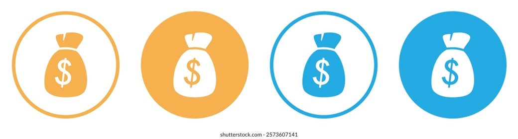 Set of Money bag icons. Money bag with dollar icon. Dollar money bag vector icons set in green and blue circle. Silhouette and line icons. Isolated vector illustration. Flat style.