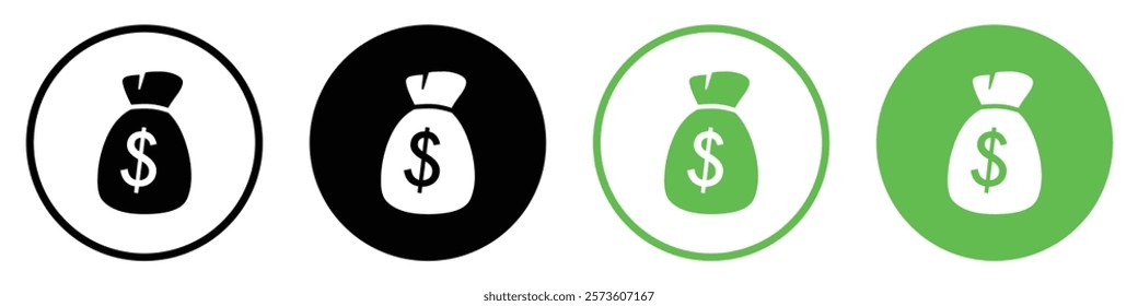 Set of Money bag icons. Money bag with dollar icon. Dollar money bag vector icons set in black and green circle. Silhouette and line icon. Flat style. Vector illustration.