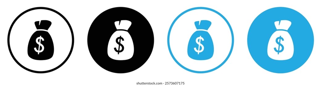 Set of Money bag icons. Money bag with dollar icon. Dollar money bag vector icons set in black and blue circle. Silhouette and line icon. Vector illustration.