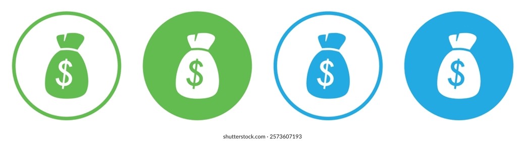 Set of Money bag icons. Money bag with dollar icon. Dollar money bag vector icons set in green and blue circle isolated. Silhouette and line icons. Flat style. Vector illustration.