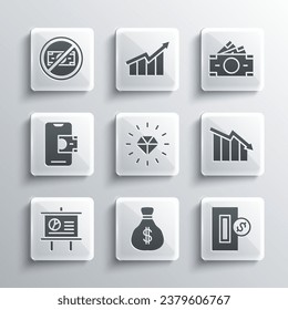 Set Money bag, Inserting coin, Financial growth decrease, Diamond, Chalkboard with diagram, Mobile banking, No money and Stacks paper cash icon. Vector