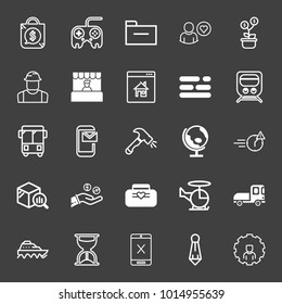 set of money bag, joystick, folder, favorite account, money plant, worker, shop, house app, menu, train, bus, mobile mail, hammer, globe, helicopter, truck, boat, tie, account settings vector icon