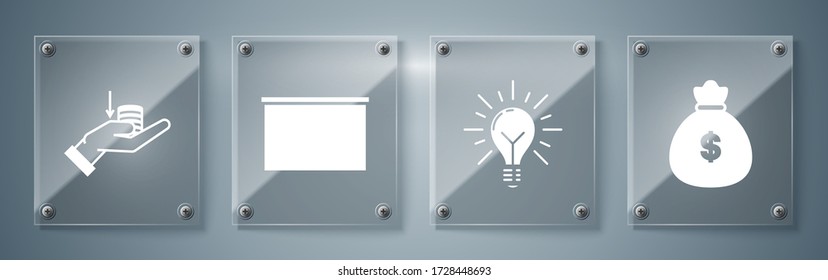 Set Money bag, Light bulb with rays shine and concept of idea, Chalkboard and Money on hand. Square glass panels. Vector