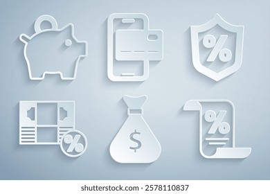 Set Money bag, Loan percent, Finance document, Mobile banking and Piggy icon. Vector