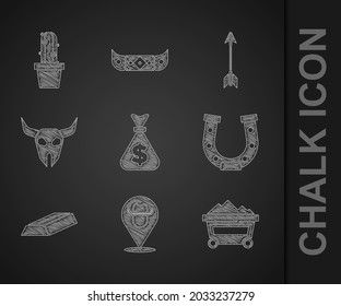 Set Money bag, Location cowboy, Coal mine trolley, Horseshoe, Gold bars, Buffalo skull, Crossed arrows and Cactus peyote pot icon. Vector