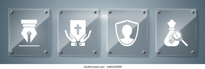 Set Money bag and magnifying glass, User protection, Oath on the Holy Bible and Fountain pen nib. Square glass panels. Vector