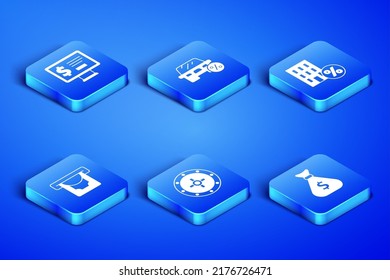 Set Money Bag, Monitor With Dollar, Safe, ATM And Money, Car Leasing Percent And House Percant Discount Icon. Vector