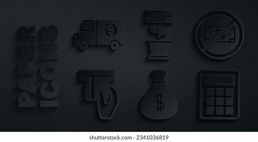 Set Money bag, No money, Credit card inserted, Calculator, plant the pot and Armored truck icon. Vector