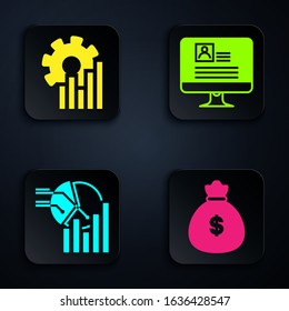 Set Money bag, Pie chart infographic, Pie chart infographic and Computer monitor with resume. Black square button. Vector