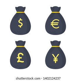 Set of money bag, sack with dollar, euro, pound, yen, yuan sign. Investment, banking, market concept. Vector flat design