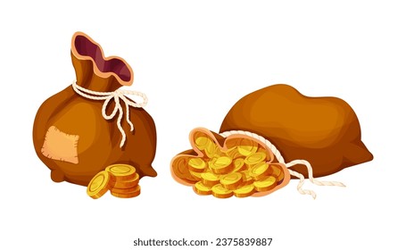 Set Money bag, sack with golden coins in cartoon style isolated on white. Game element asset success, trophy. 