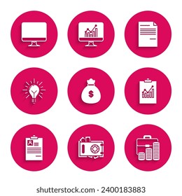 Set Money bag, Safe and money, moneda de maletín, Portapapeles con gráfico de gráficos, currículum, Rayos de bombilla de luz concepto de idea, icono de pantalla del monitor de documentos y computadoras. Vector