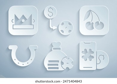 Set Money bag, Slot machine with cherry, Horseshoe, Online poker table game, Casino chips exchange and King playing card icon. Vector
