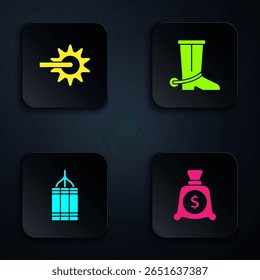 Set Bolsa de dinero, Spur, bomba de dinamita y bota de vaquero. Botón cuadrado negro. Vector
