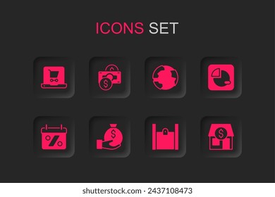 Set Money bag, Stacks paper money cash, Shopping cart screen laptop, Paper shopping, Pie chart infographic, Market store, Worldwide and Discount percent tag icon. Vector