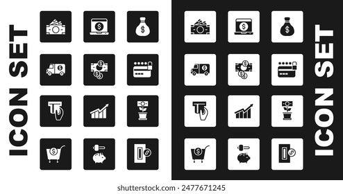 Set Money bag, Stacks paper money cash, Armored truck, Credit card with lock, Laptop dollar, plant in the pot and inserted icon. Vector