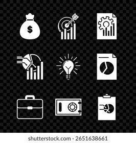 Definir saco de dinheiro, Alvo com gráfico, Documento, Porta-arquivos, Seguro, Área de transferência, Torta infográfico e Raios de lâmpada brilhar e conceito de ícone de ideia. Vetor