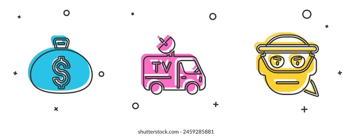 Set Money bag, TV News car and Bandit icon. Vector